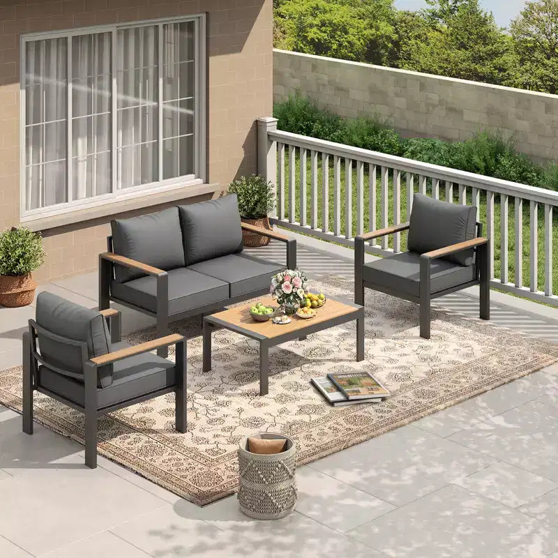 Aluminium-Terrassenmöbel-Set, Outdoor-Ecksofa mit 5 dicken Kissen, 4 Armlehnen & Couchtisch für Garten, Terrasse, Hinterhof