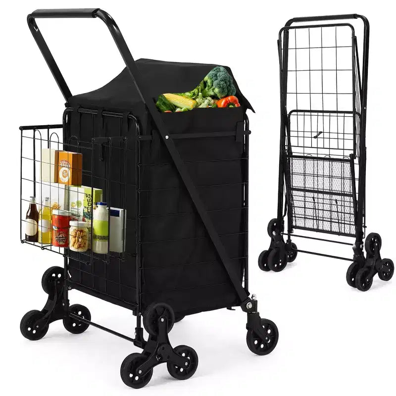 Strapazierfähiger Treppensteiger-Einkaufswagen – 360°-Dreifachräder, wasserdichte Einlage, 61 kg Tragkraft, klappbarer Karbonstahl-Trolley für Wäsche und Lebensmittel