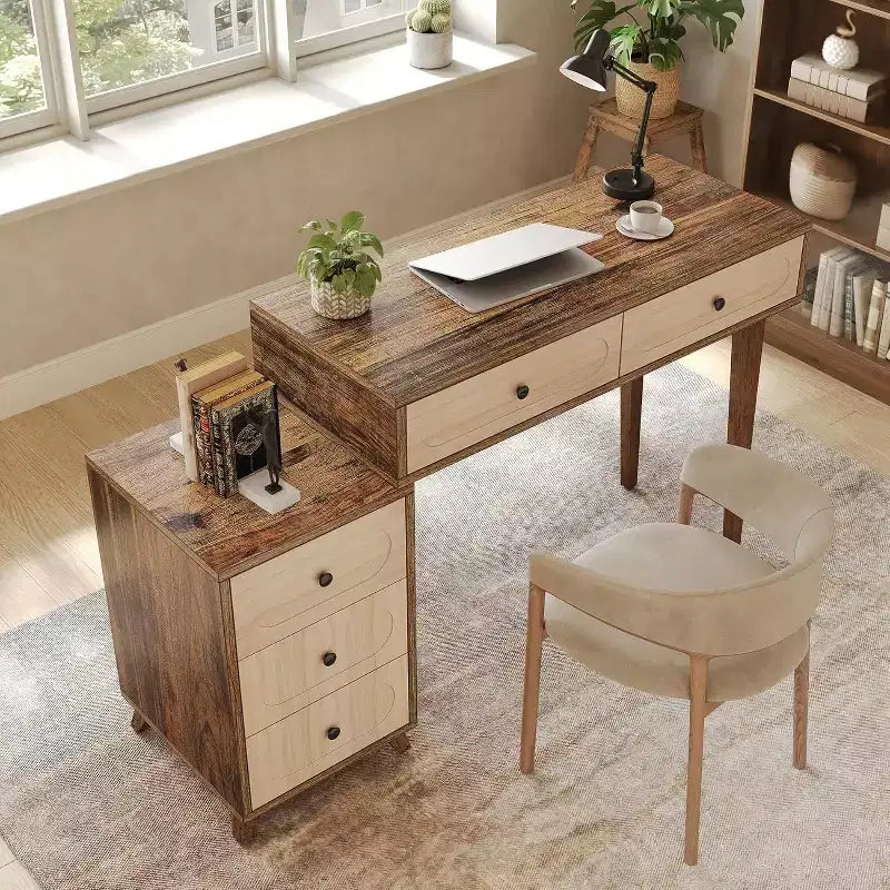 Lantine-Schreibtisch, 99 cm, mit 5 Schubladen und ausziehbarem Schrank, kleiner ausziehbarer Computer- und Schminktisch für kleine Räume, Braun