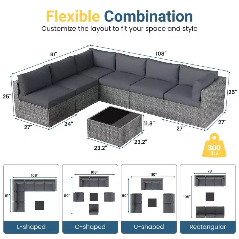 7-teiliges Outdoor-Gartenmöbel-Set, Geflochtene Lounge-Garnituren mit Auflagen und Couchtisch, Modulares Outdoor-Ecksofa