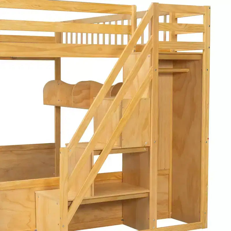 Queen-Hochbettgestell mit Treppe, Kleiderschrank & Regalen - MDF, 650 lb