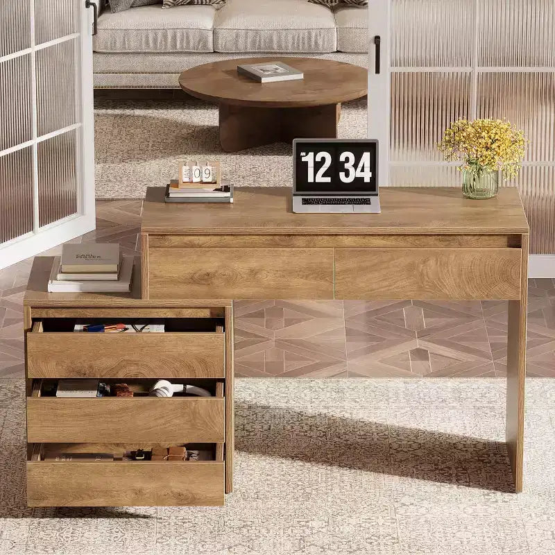 Lantine Computertisch mit 5 Schubladen, Holz-Cheftisch mit Aktenschrank und Druckerablage für Homeoffice und kleine Räume