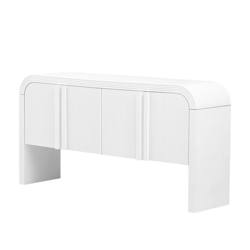 Geschwungenes Aufbewahrungsschrank-Sideboard mit 4 gestreiften Türen und verstellbaren Einlegeböden, moderner Flurschrank mit Kiefernholzbeinen