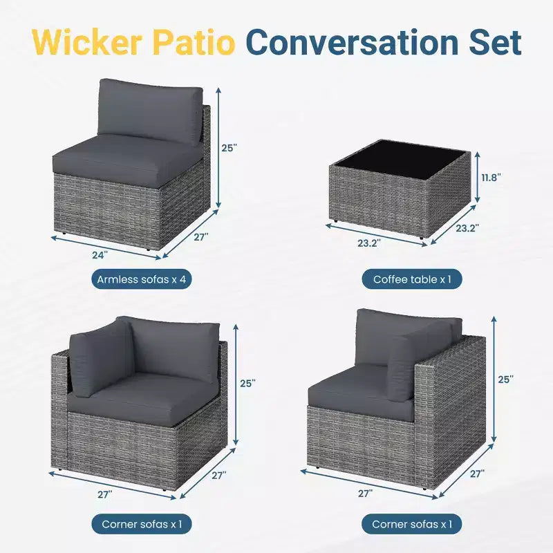 7-teiliges Outdoor-Gartenmöbel-Set, Geflochtene Lounge-Garnituren mit Auflagen und Couchtisch, Modulares Outdoor-Ecksofa
