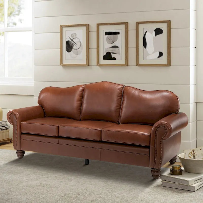Balvino 81 Zoll breites Übergangs-Sofa aus echtem Leder mit Rollarmlehnen, Nagelkopfbeschlägen und abnehmbaren Kissen
