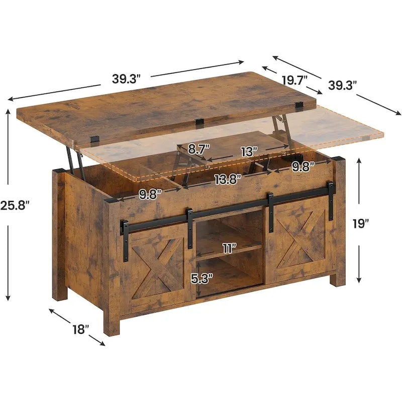 Couchtisch mit Hubplatte, 2 Schiebetüren im Scheunentor-Design und Stauraum, Esstisch