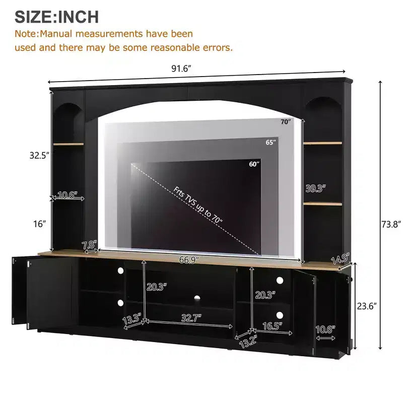 Whisen 91 Medienkonsole, gewölbte Entertainment-Center-Wandkombination im Landhausstil mit Bücherregal, Holzmaserung, für Fernseher bis zu 70 Zoll
