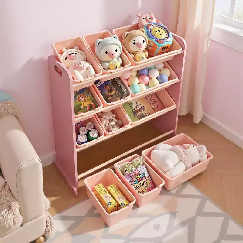 VECELO Kinder-Bücherregal mit Spielzeugaufbewahrung und 12 Körben, Spielzeugregal aus Holz für Kleinkinder, geräumige Spielzimmeraufbewahrung für Bücher oder Spielzeug