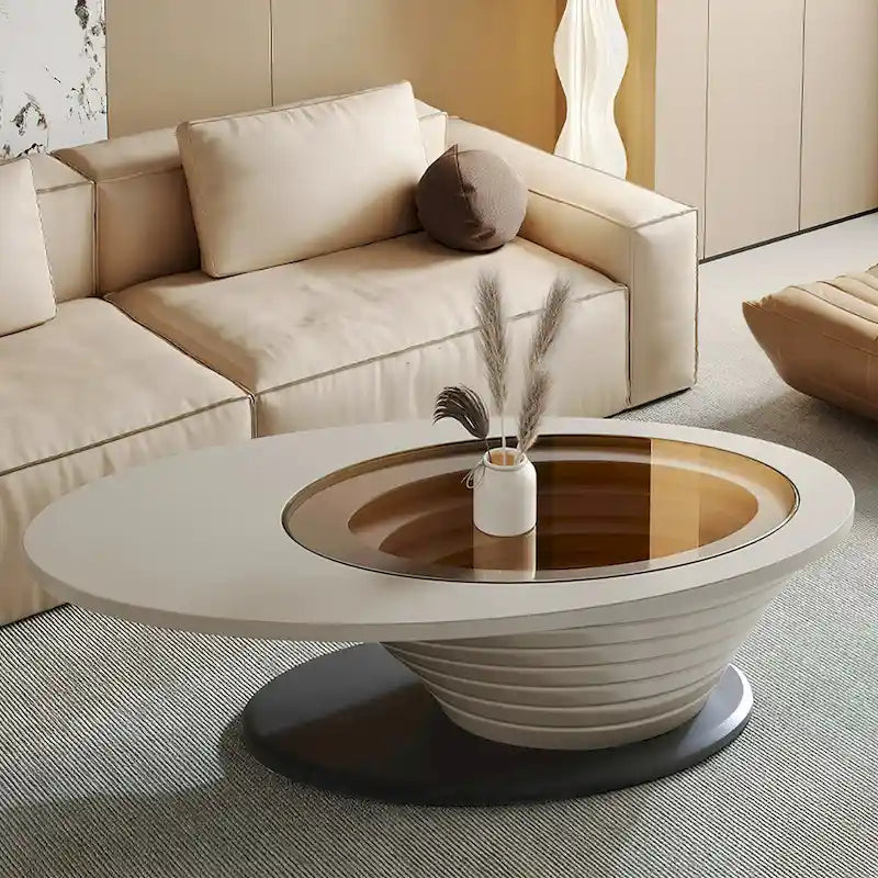 Leichter Luxus Moderner minimalistischer Couchtisch mit ovaler Glasplatte und grauem Gestell 51 Zoll – L 51,18 B 25,59 H 14,37