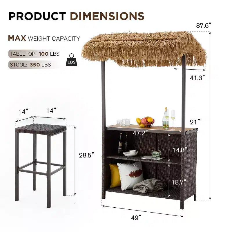 EROMMY Outdoor Tiki-Bar-Set, Rattan-Terrassenbar mit 2 Barhockern, Ablagefach für Hinterhof, Poolbereich und Garten