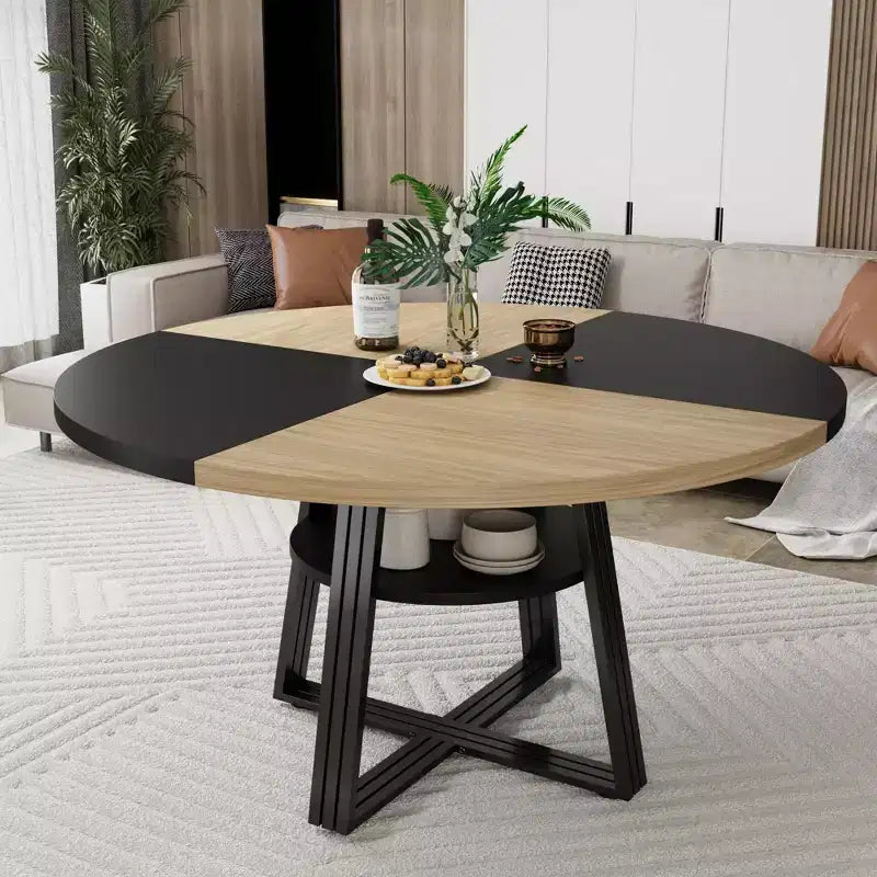 Runder Esstisch für 4-6 Personen, 47 Küchen-Esstisch mit Ablagefach, Holztisch mit Metallgestell für Zuhause und Wohnzimmer, ohne Stühle