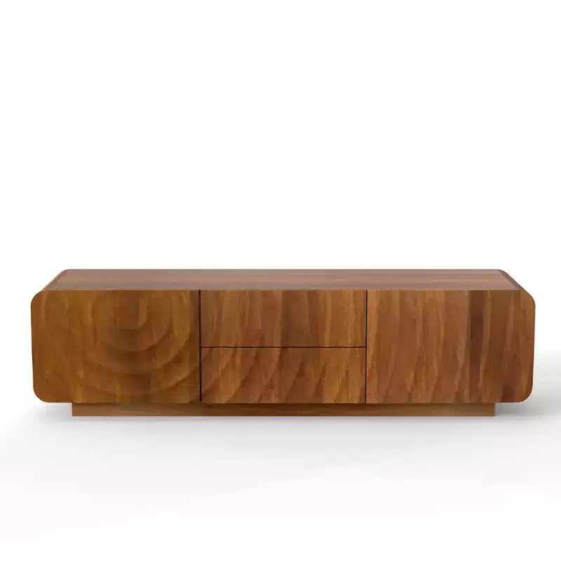 JVNOXK 58-Zoll-TV-Board, Mid-Century-Spiralwellendesign, mit Stauraumschrank und zwei Schubladen, geeignet für Wohnzimmer oder Schlafzimmer, Walnuss