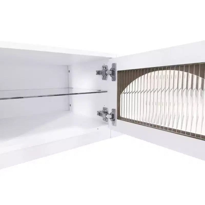 TV-Ständer für 95-Zoll-Fernseher, extra lange Medienkonsole mit 2 Türen und 4 Schubladen, großer TV-Schrank mit geriffelten Glastüren
