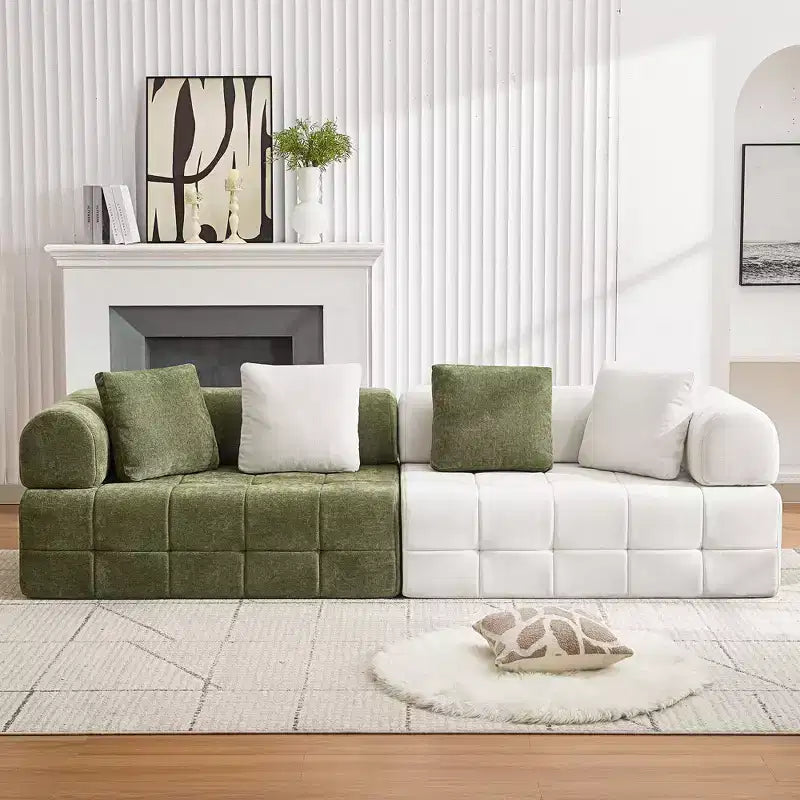 280 cm breites, modulares 4-Sitzer-Sofa aus Chenille im Colorblock-Design mit geschwungenen Armlehnen