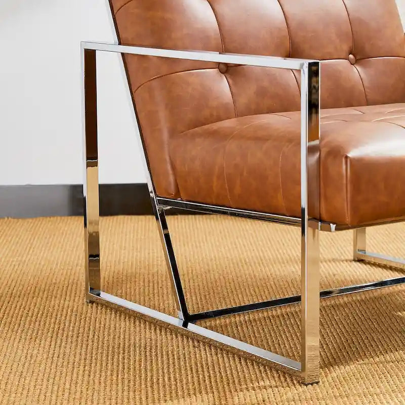 Glitzhome 77,5 cm hoher Mid-Century Akzentstuhl in Creme, PU-Leder mit Knopfheftung und verchromtem Gestell