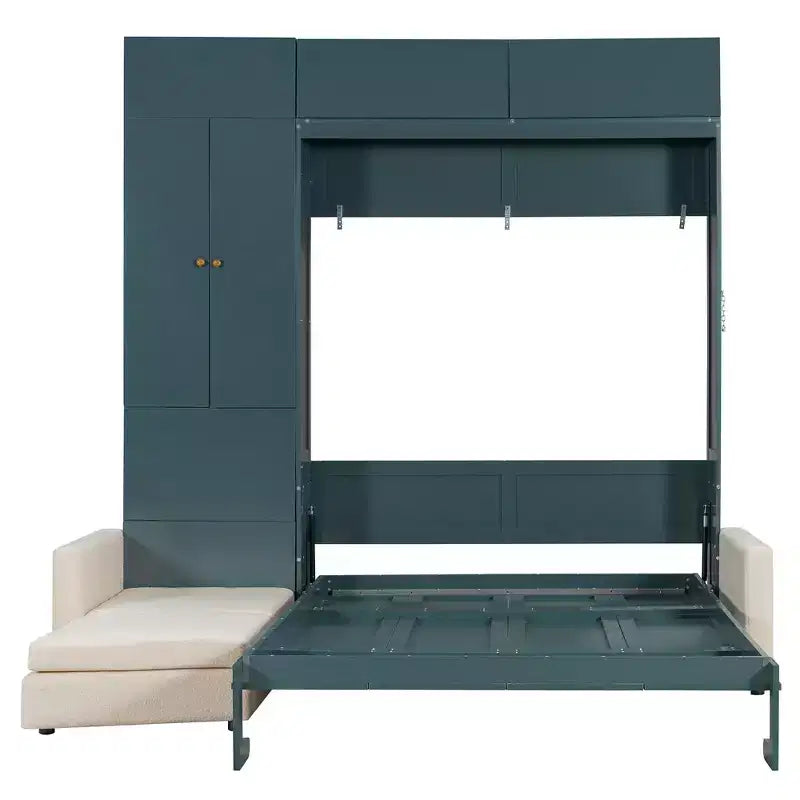 Schrankbett in Queen-Size mit Sofa und Schrank, hölzernes Queen-Size-Schrankbett als Wandbett mit Regalen, klappbares Wand-Schrankbett für Gästezimmer und Büro