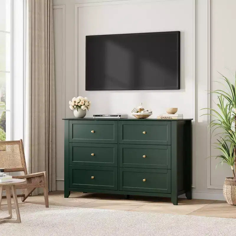 Kommode mit 6 Schubladen für das Schlafzimmer, große Kommode mit tiefen Schubladen & Metallknöpfen, modernes Holzschubladenelement für Eingangsbereich, Flur