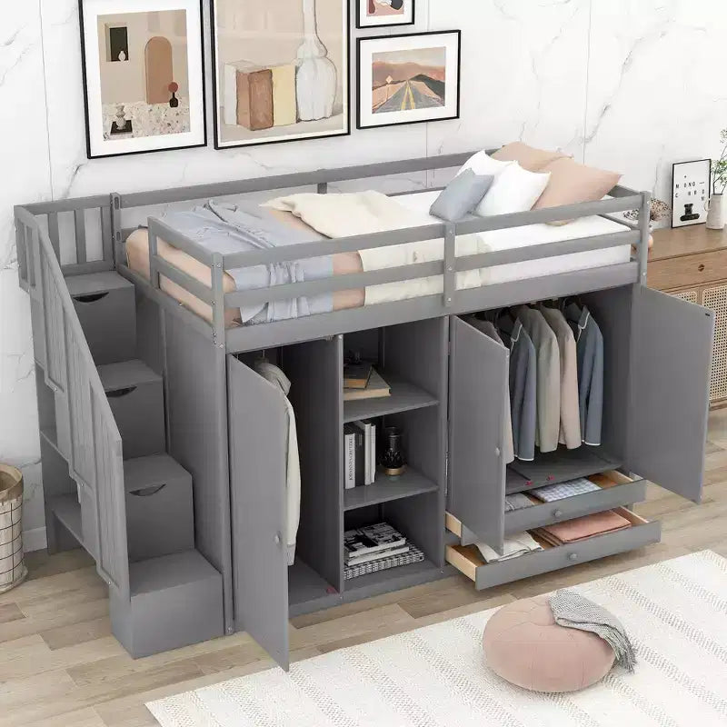 93,3 Funktionales Hochbett mit Kleiderschränken, Regalen, Schubladen und Stauraumleiter