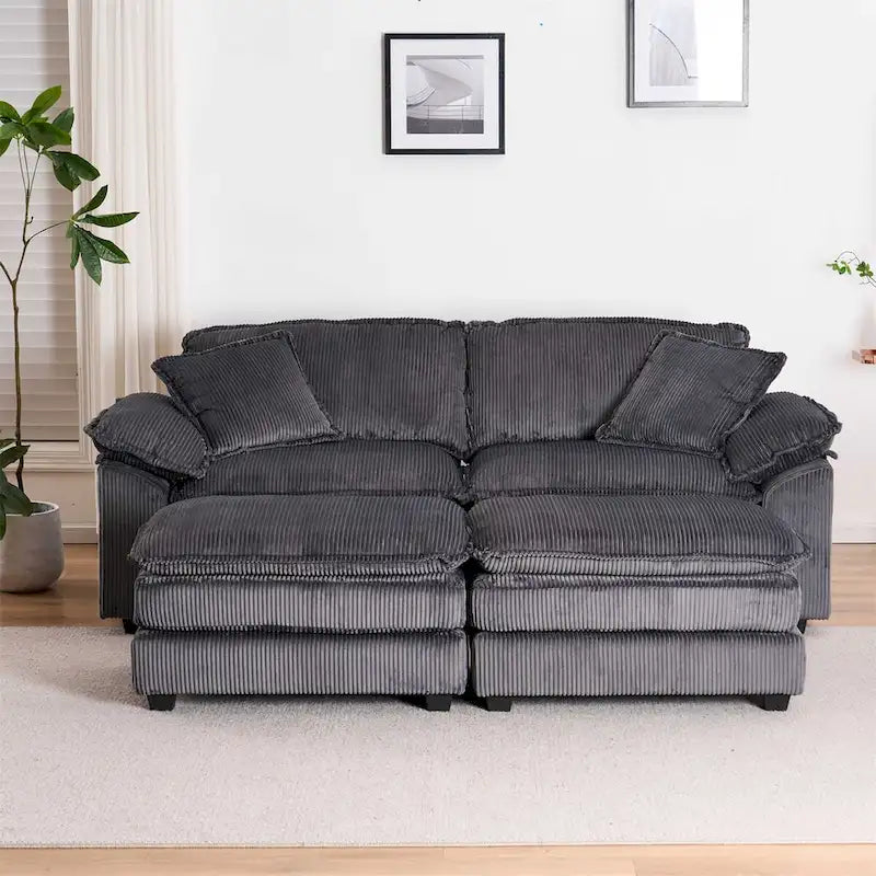 Modernes 2-Sitzer-Sofa aus Cord mit 4 Stützkissen und 2 Hockern