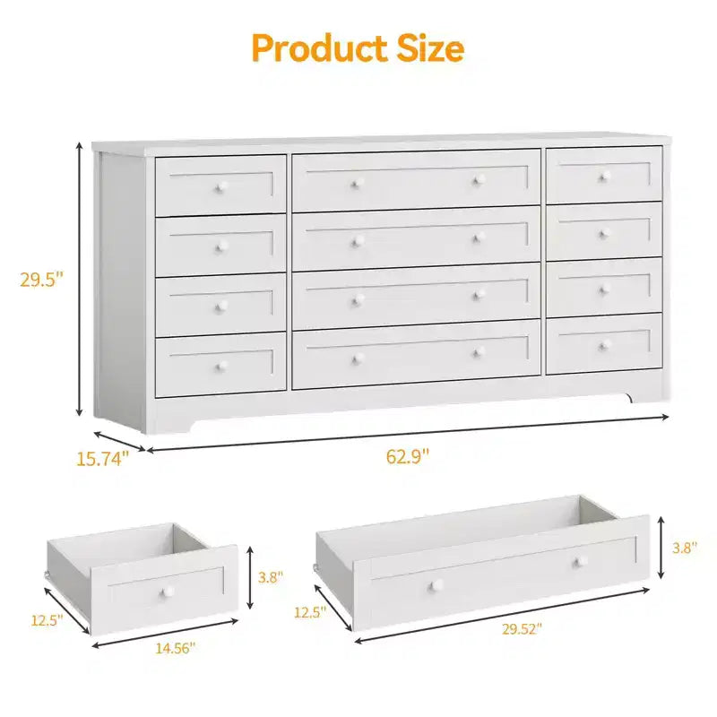 Kommode mit 12 Schubladen für das Schlafzimmer, aus Holz, moderner breiter TV-Ständer für 65-Zoll-Fernseher, Holz-Schubladenkommode, Landhausstil-Kleiderschrank für das Wohnzimmer