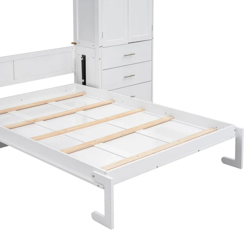 Weißes, modernes Full-Size-Schrankbett mit Schubladen, Fächern und Kleiderschränken