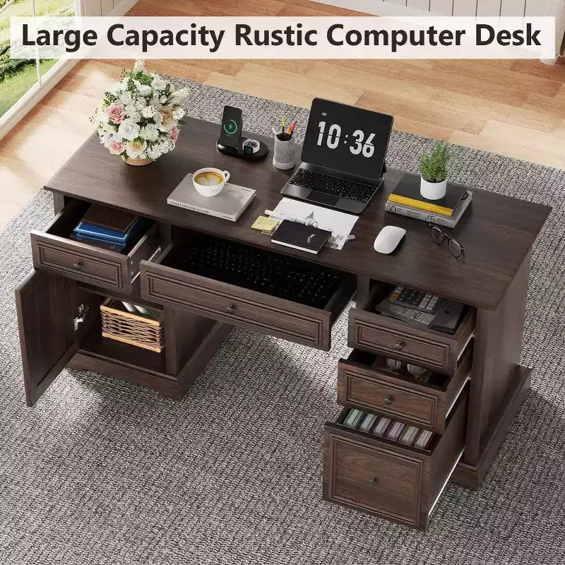 60-Zoll-Schreibtisch im Landhausstil fürs Homeoffice – Holzschreibtisch mit Schubladen und Stauraum im Schrank, rustikaler Schreibtisch für Arbeit und Studium