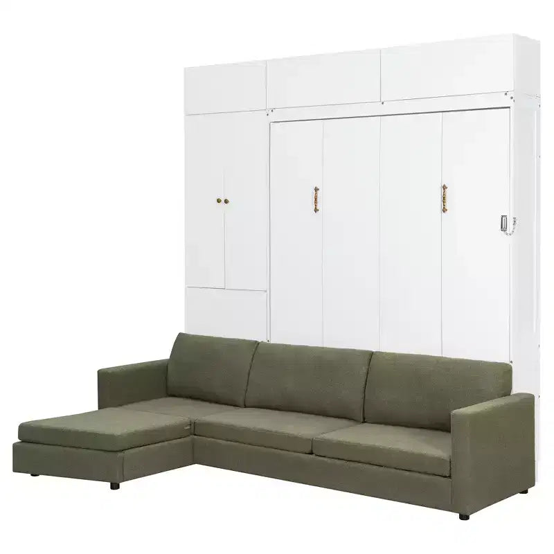 Schrankbett in Queen-Size mit Sofa und Schrank, hölzernes Queen-Size-Schrankbett als Wandbett mit Regalen, klappbares Wand-Schrankbett für Gästezimmer und Büro