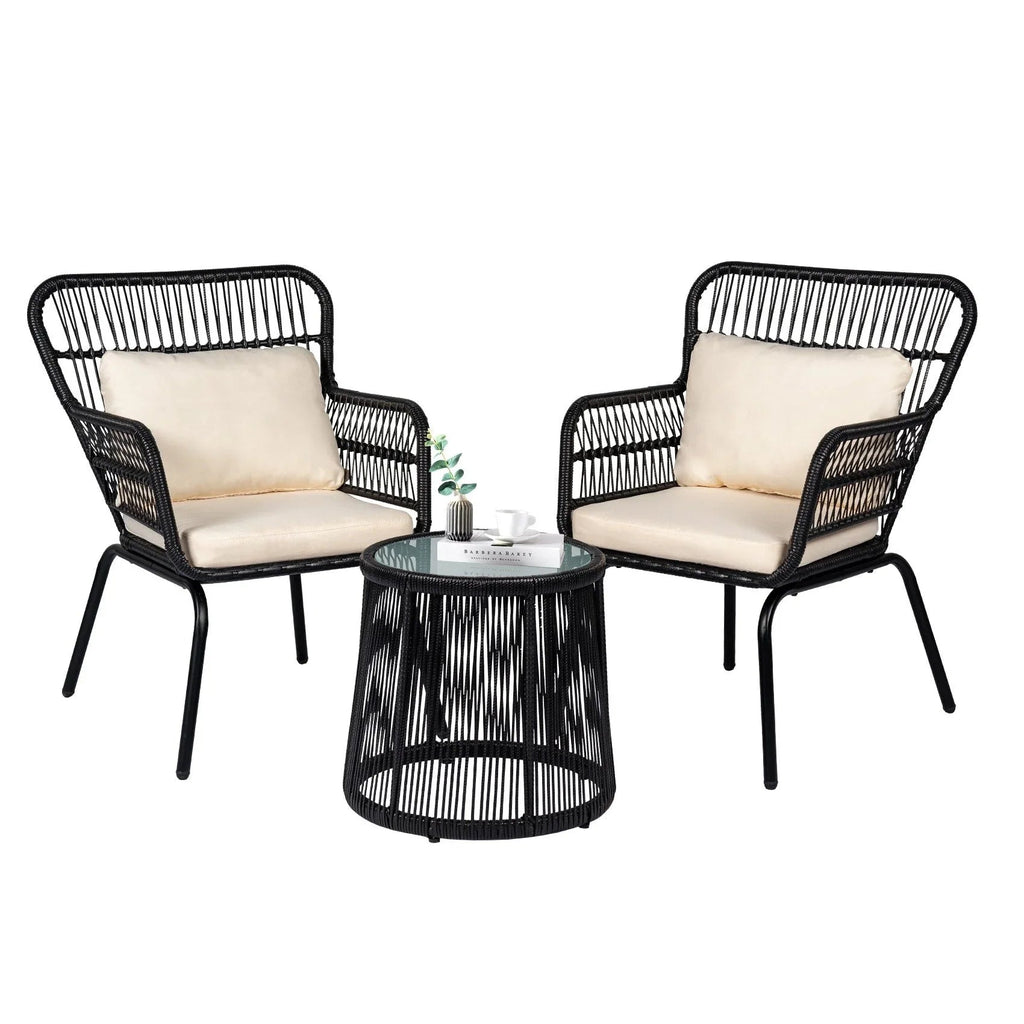 3-teiliges Outdoor-Bistro-Set aus Korbstühlen, witterungsbeständige Rattanmöbel-Sitzgruppe mit Kissen