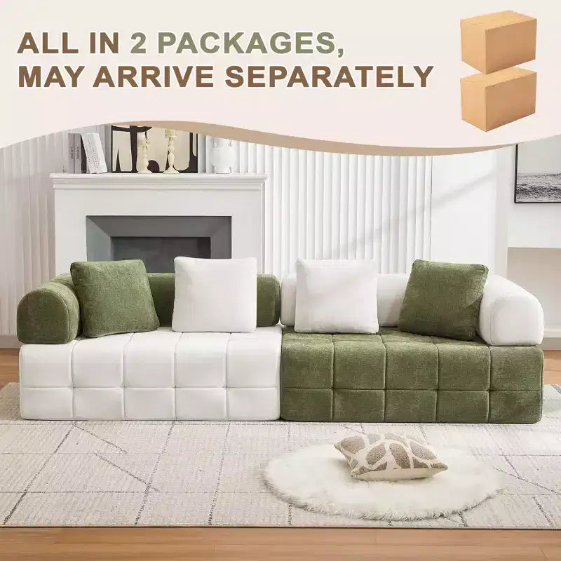 280 cm breites, modulares 4-Sitzer-Sofa aus Chenille im Colorblock-Design mit geschwungenen Armlehnen
