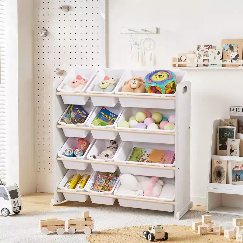 VECELO Kinder-Bücherregal mit Spielzeugaufbewahrung und 12 Körben, Spielzeugregal aus Holz für Kleinkinder, geräumige Spielzimmeraufbewahrung für Bücher oder Spielzeug