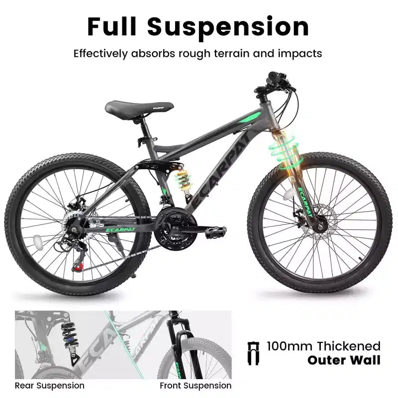 Okak 24 Zoll Mountainbike aus Karbonstahl mit Vollfederung, Herrenfahrrad mit 21-Gang-Schalthebel und Scheibenbremsen, Fahrrad für Kinder & Erwachsene