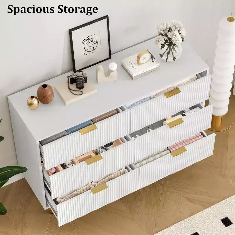 COZONY 6-Schubladen-Kommode mit geriffeltem Design, moderner Holz-Aufbewahrungsschrank, breite Schubladenkommode für Schlafzimmer, Wohnzimmer und Eingangsbereich