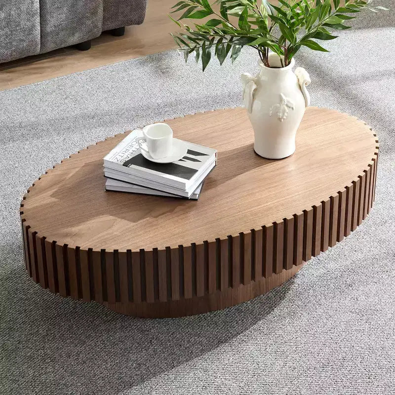 Ovaler/Quadratischer Couchtisch, minimalistischer geriffelter Mitteltisch, Beistelltisch, natürliche Esche/Nussbaum/Mattschwarz – ModernLuxe