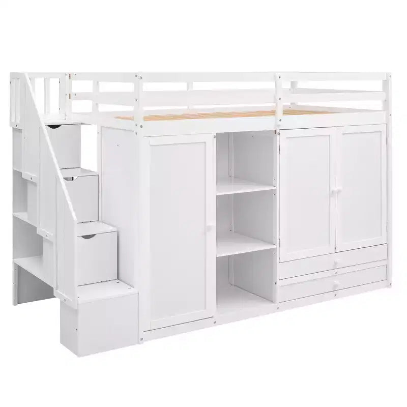 93,3 Funktionales Hochbett mit Kleiderschränken, Regalen, Schubladen und Stauraumleiter