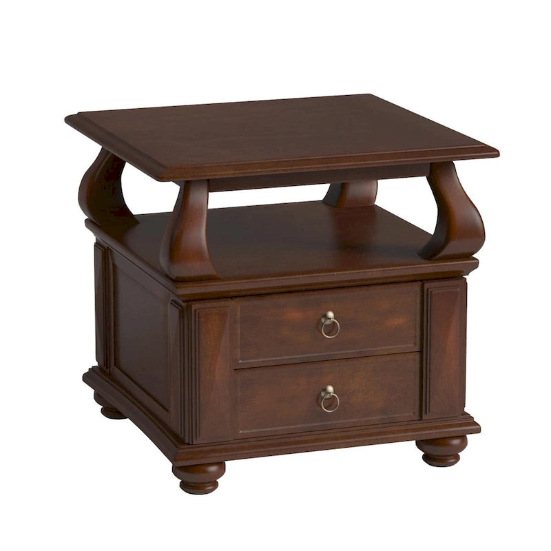 HomeRoots 26 Brauner quadratischer Beistelltisch aus Massivholz mit zwei Schubladen und Ablage – 26 x 26 x 28