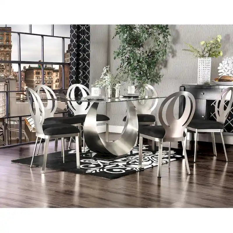 Heer Modern 7-teiliges Esszimmer-Set aus schwarzem Stahl mit U-förmigem Sockel von Furniture of America