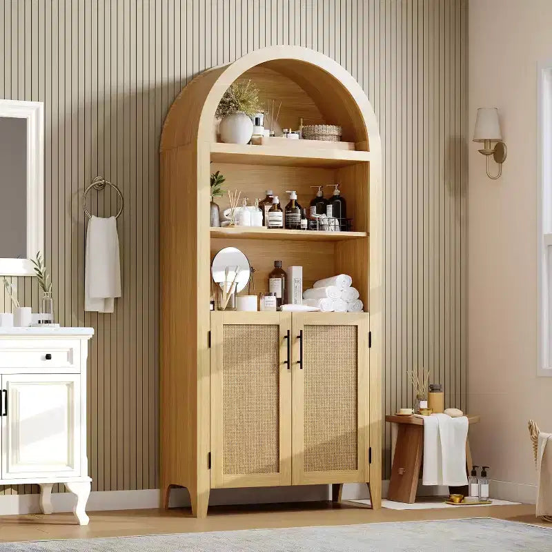 Offenes Regal mit 5 Ebenen und Rattandekor, Landhaus-Aufbewahrungsschrank, gewölbter Küchenvorratsschrank für Zuhause, Büro, Wohnzimmer