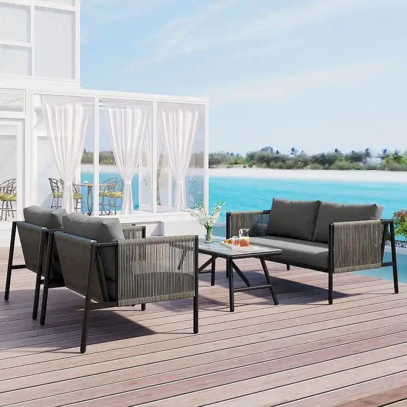 4-teilige Outdoor-Lounge-Garnitur aus Seil für 4 Personen mit Auflagen und Glastisch