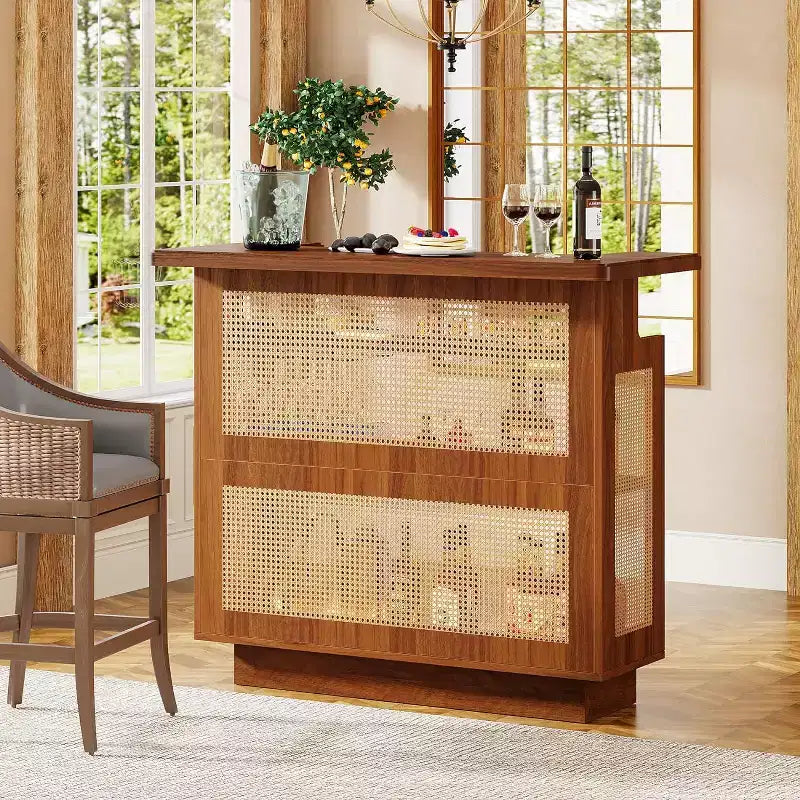 Rattan-Heimbar, 4-stufiger Barwagen im Landhausstil mit 4 Weinglashaltern, Karamellbraun