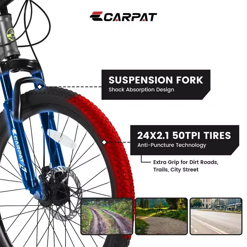 Okak 24 Zoll Mountainbike mit Stahlrahmen, Kinderfahrrad mit Shimano 21-Gang-Schaltung, doppelten Scheibenbremsen und Vordergabel-Federung, Fahrrad für Jugendliche