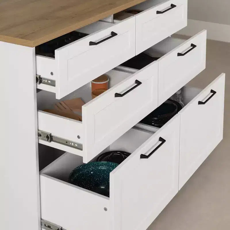 Kücheninsel mit 6 Schubladen – Landhausstil, Weiß & Ahorn Muskatnuss, 47,25 Zoll B