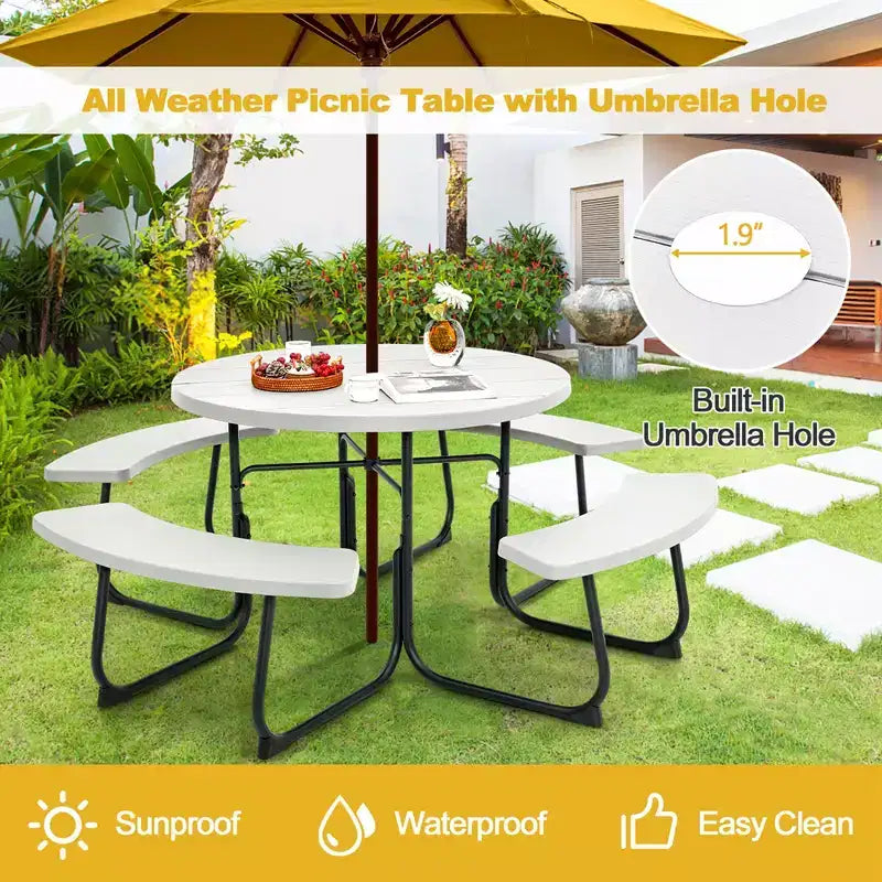 Costway Outdoor 8-Personen-Rund-Picknicktisch-Bank-Set mit 4 Bänken & Sonnenschirmloch Schwarz/Grau/Grün/Weiß