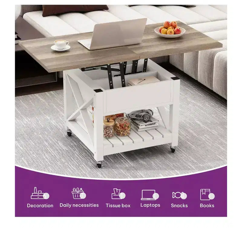3-in-1 Quadratischer Couchtisch mit Hubtischplatte, Rollen und Hockern, multifunktionaler 2-Ebenen-Esstisch mit verdecktem und offenem Stauraum für Wohn- und Esszimmer