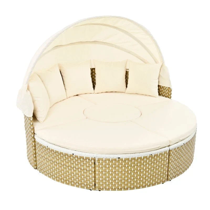 Rundes Outdoor-Tagesbett, zweifarbiges Flecht-Sonnenbett mit versenkbarem Dach
