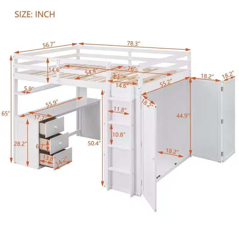 CLIHOME Hochbett in Full-Size mit 3 Schubladen, Schreibtisch und Kleiderschrank