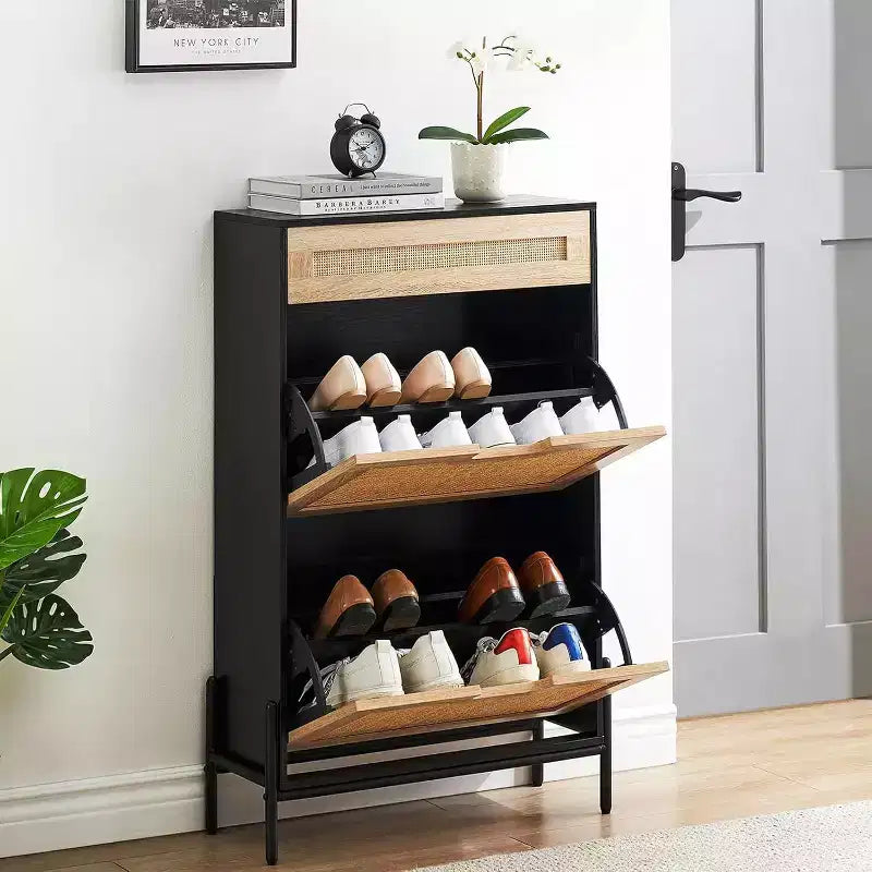 Schuhschrank für den Eingangsbereich mit 2 Klappfächern, schmaler freistehender Schuh-Organizer aus Holz, platzsparendes geschlossenes Schuhregal für Flur, Foyer, Wohnung