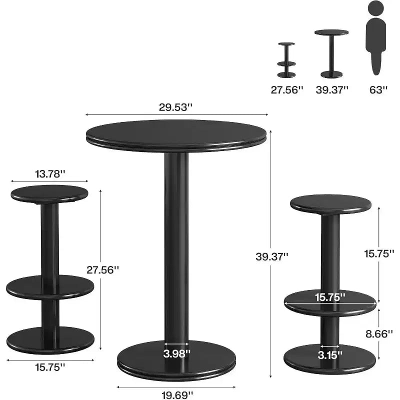 Lantine 100 cm hoher runder Bartisch mit 2 Barhockern, moderner Bistro-Stehtisch in Schwarz für Küche, Wohnzimmer, Apartment