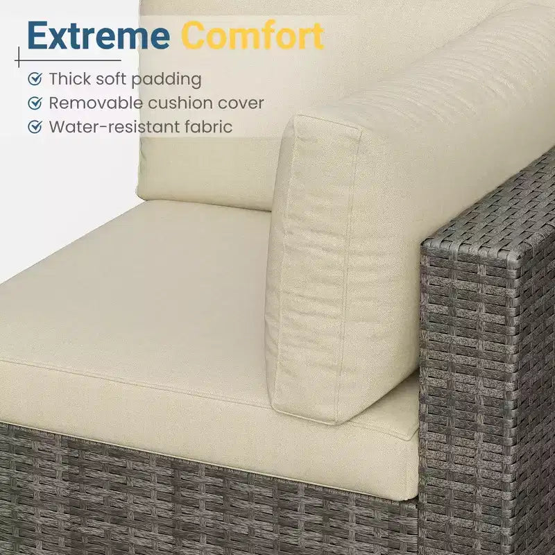 7-teiliges Outdoor-Gartenmöbel-Set, Geflochtene Lounge-Garnituren mit Auflagen und Couchtisch, Modulares Outdoor-Ecksofa