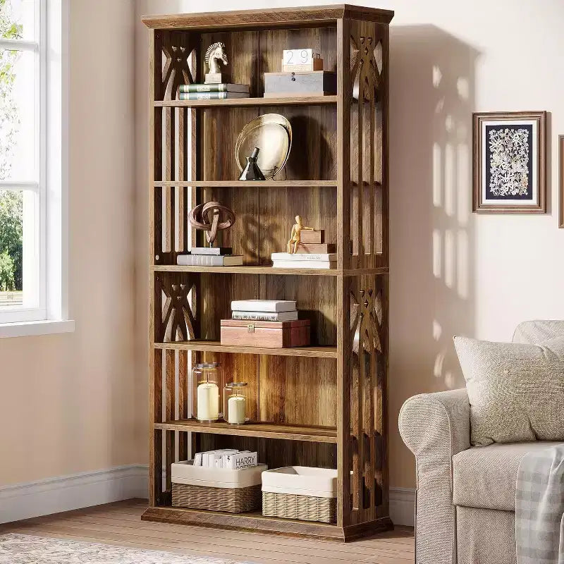 6-stöckiges Holz-Bücherregal, 190 cm hohes Standregal, großes freistehendes Ausstellungsregal