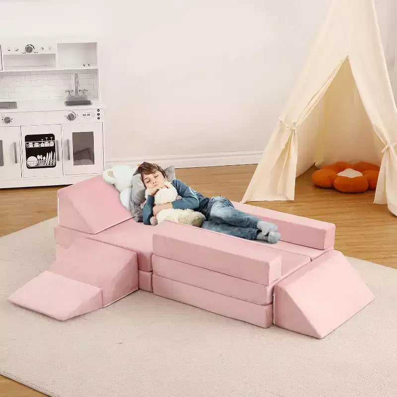Indoor-Klettersofa, 12-teilige modulare Spielcouch mit quadratischem Bällebad & Kletterrampe, Kissen-Spielset